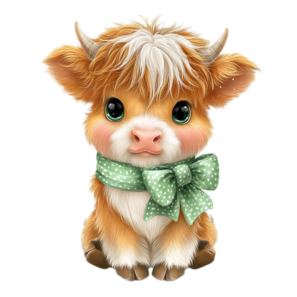 Fluffy Highland Cow with Green Polka Dot Bow (Onesie)