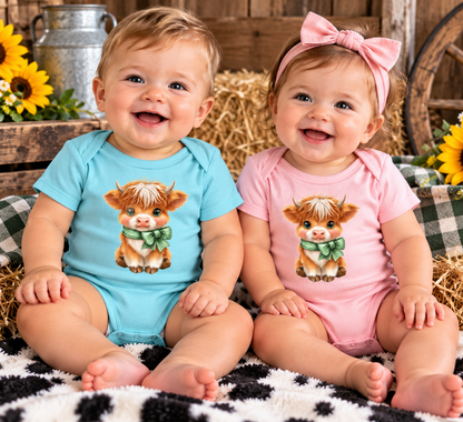 A boy and girl infant with highland cow with a bow graphic design on a onesie