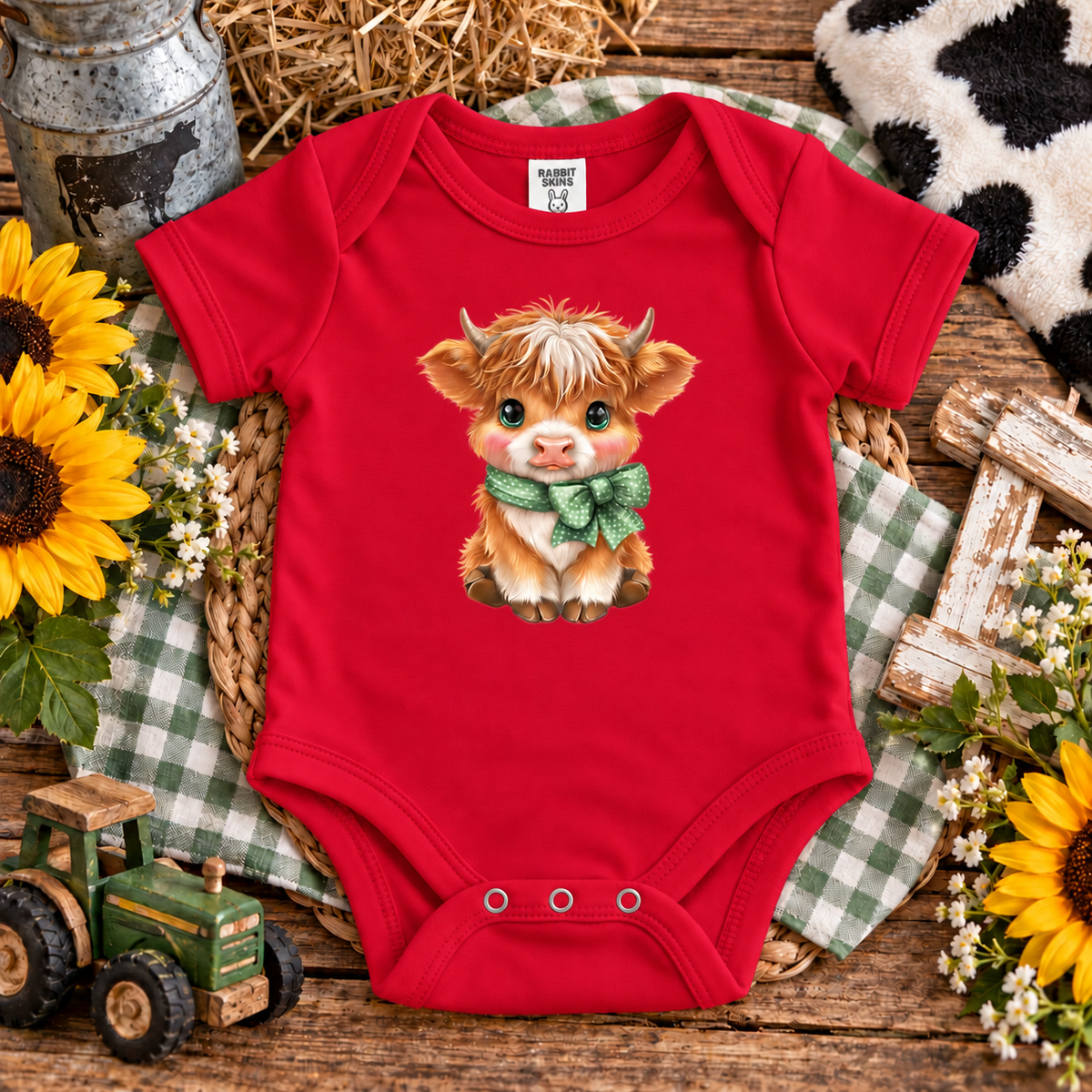 A red onesie with a highland cow graphic design with a bow