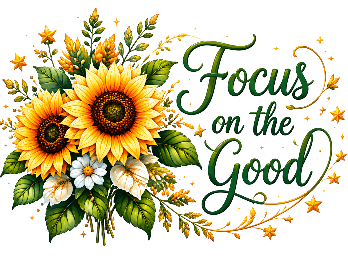 A decorative graphic with two large sunflowers, green leaves, small white flowers, and the phrase “Focus on the Good” in dark green script, surrounded by gold stars on a black background.