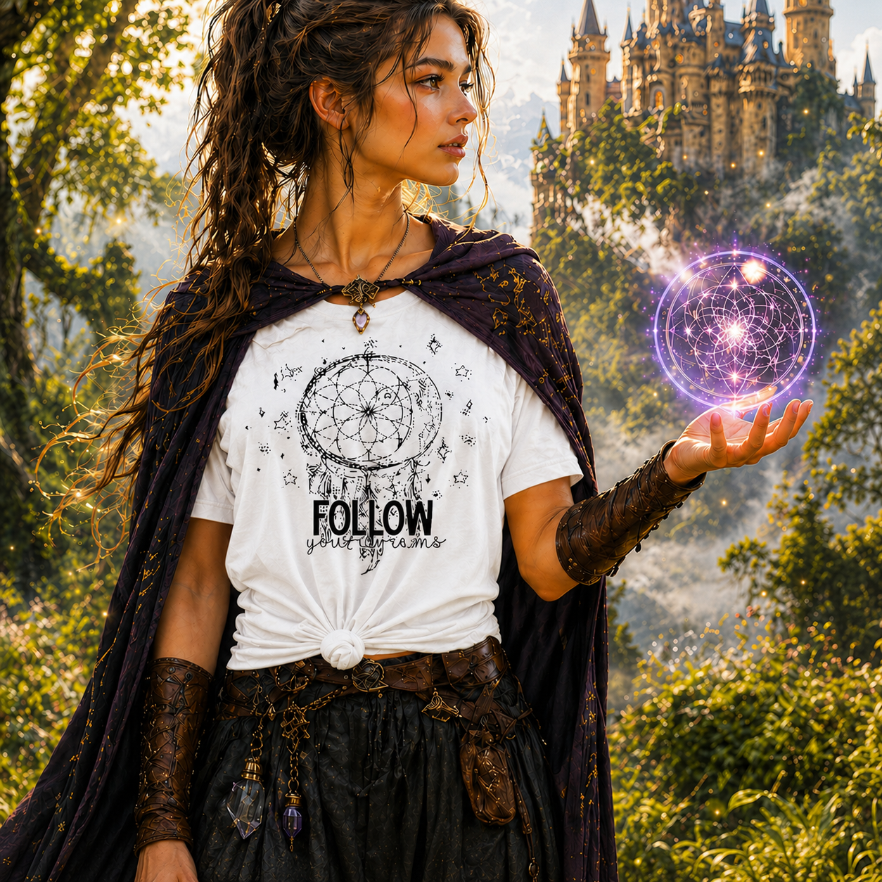 Woman in fantasy attire with a castle and mystical energy in the background