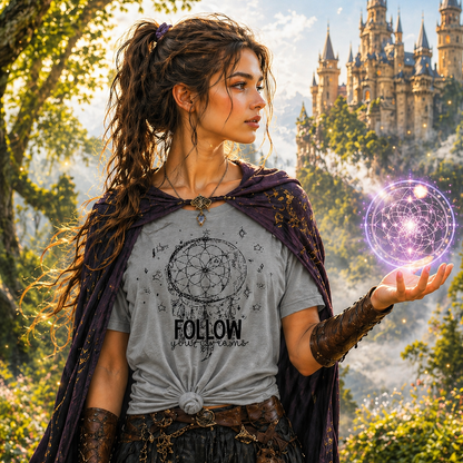 Girl wearing a sport grey graphic T-shirt with Follow Your Dreams design