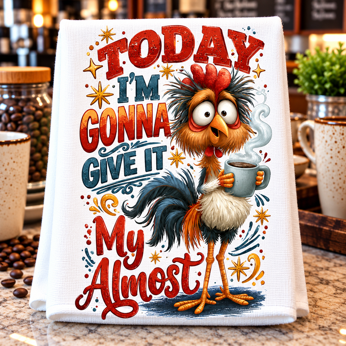 A white kitchen towel with a colorful cartoon rooster holding a steaming mug, surrounded by decorative text that reads 'TODAY I'M GONNA GIVE IT My Almost'. 