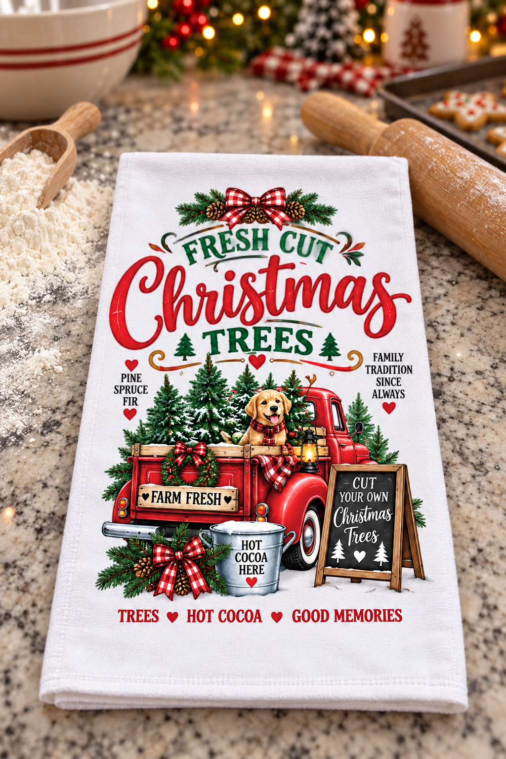 A white kitchen tea towel with a festive Christmas graphic, laid flat on a granite countertop with holiday baking props like a rolling pin, flour, and a mug in the background.