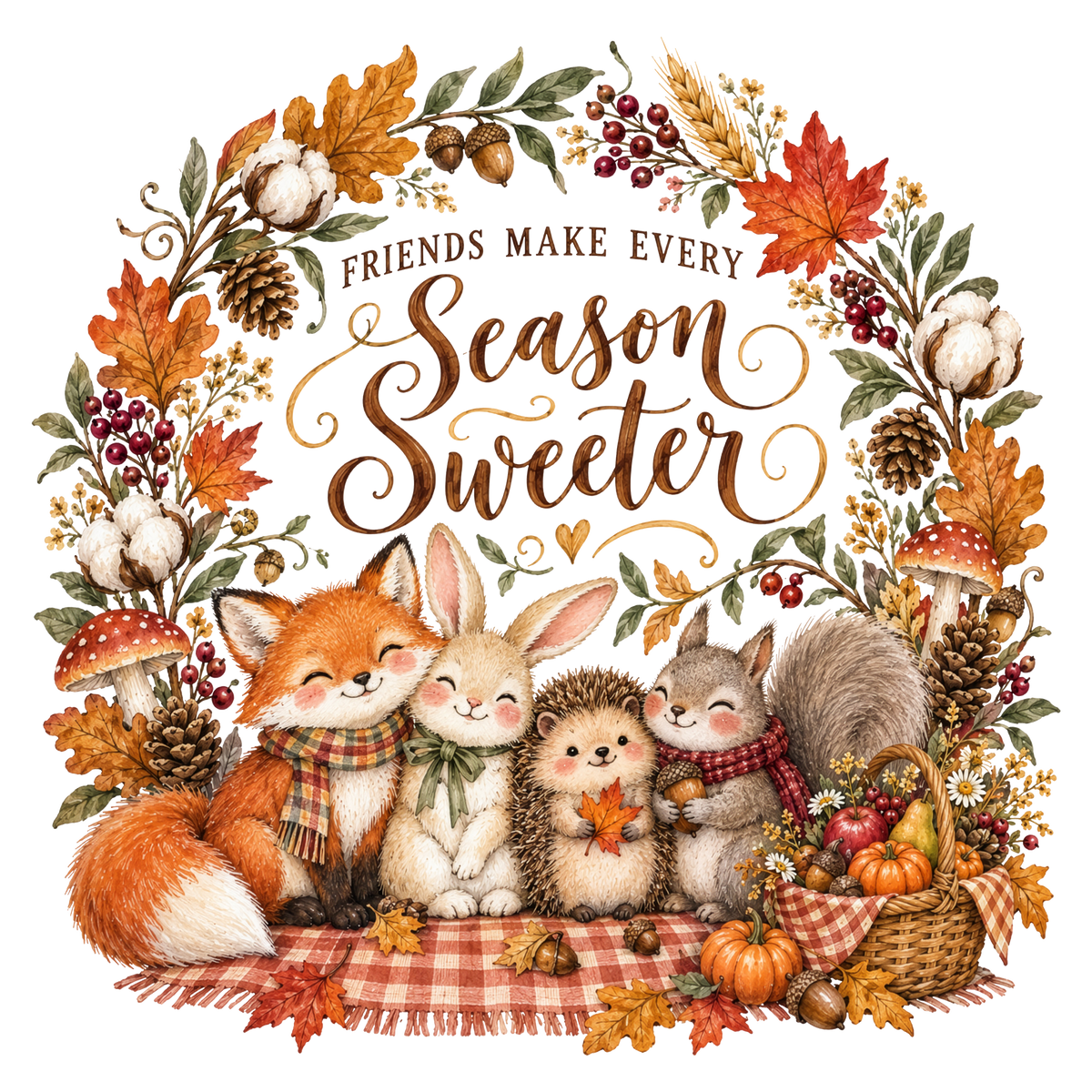 A festive autumn-themed graphic design featuring the text 'Friends Make Every Season Sweeter' surrounded by woodland animals including a fox, rabbit, hedgehog, and squirrel, framed by colorful fall leaves, pumpkins, mushrooms, and a basket of apples on a white background.
