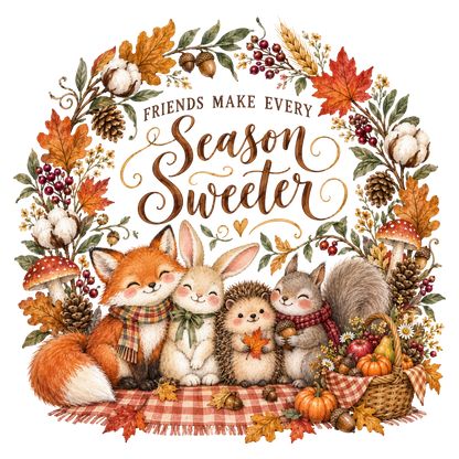 A festive autumn-themed graphic design featuring the text 'Friends Make Every Season Sweeter' surrounded by woodland animals including a fox, rabbit, hedgehog, and squirrel, framed by colorful fall leaves, pumpkins, mushrooms, and a basket of apples on a white background.