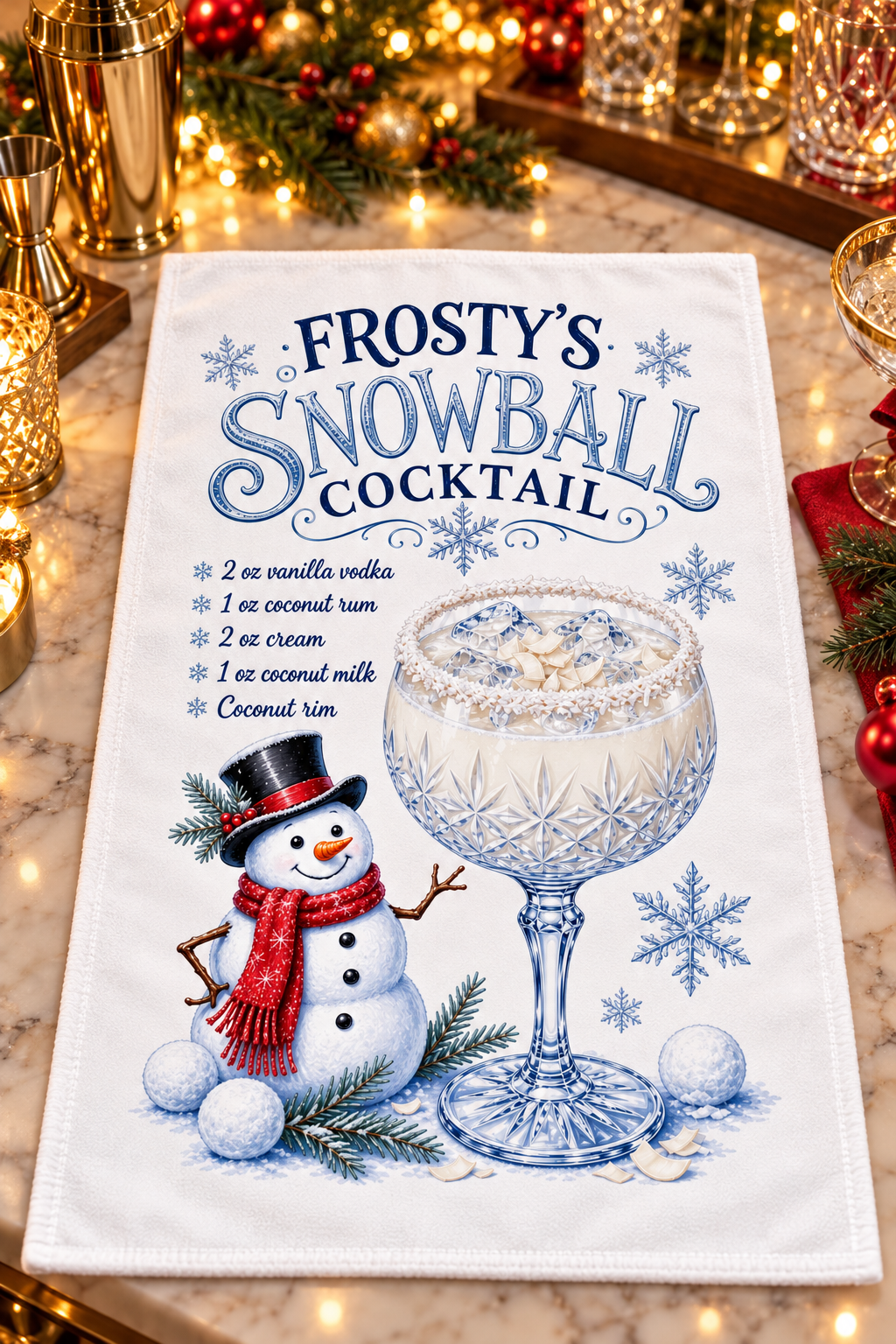A white kitchen tea towel featuring a festive 'Frosty's Snowball Cocktail' design, displayed on a marble countertop with warm holiday lights and ornaments in the background.