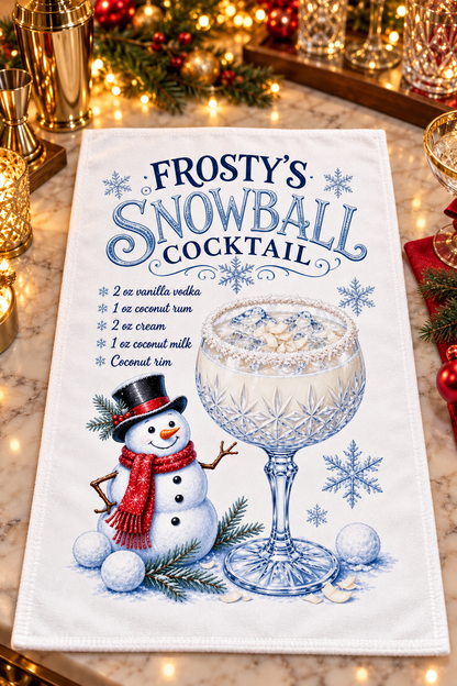 A white kitchen tea towel featuring a festive 'Frosty's Snowball Cocktail' design, displayed on a marble countertop with warm holiday lights and ornaments in the background.