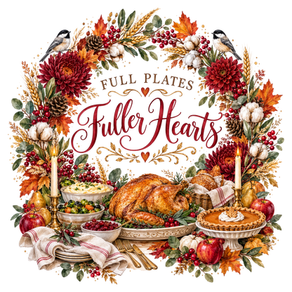 A festive autumn-themed graphic featuring a roasted turkey, pie, pumpkin, apples, bowls of side dishes, candles, and a floral wreath with birds, surrounding the text 'FULL PLATES Fuller Hearts' on a white background.