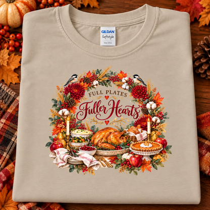 A folded sand colored Gildan Softstyle t-shirt with a detailed autumn Thanksgiving graphic, displayed on a rustic wooden background with fall leaves and pinecones.
