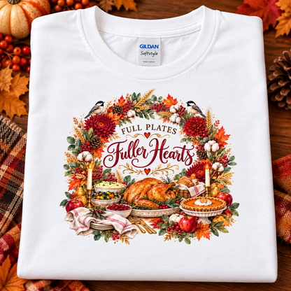 A folded white Gildan Softstyle t-shirt with a detailed autumn Thanksgiving graphic, displayed on a rustic wooden background with fall leaves and pinecones.
