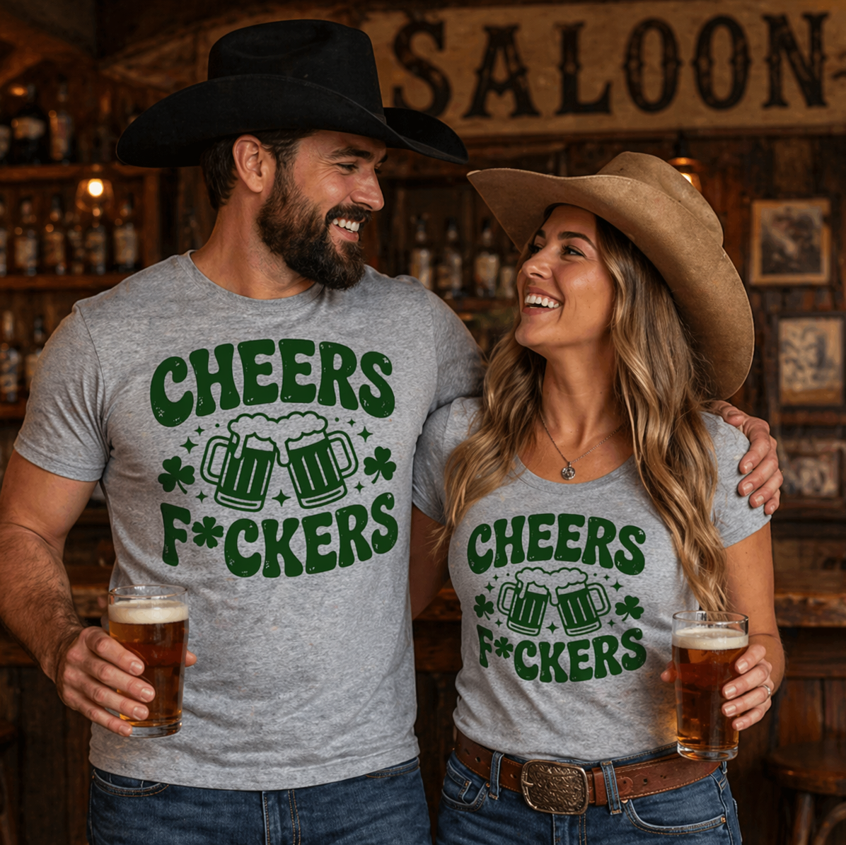 Two people wearing matching shirts with a humorous design in a bar setting.