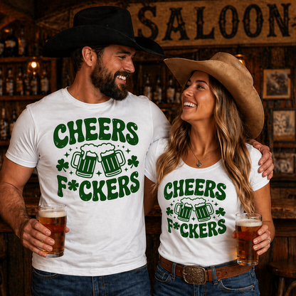 Two people wearing matching shirts with a humorous design in a bar setting.