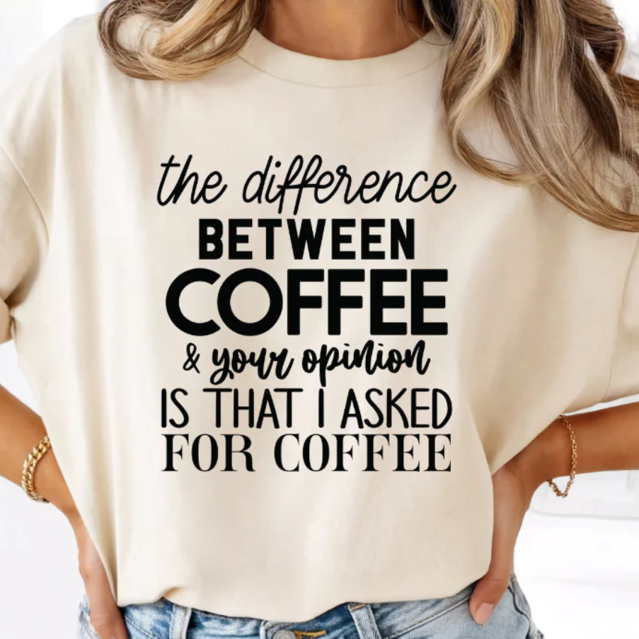 Ivory colored graphic t-shirt with a funny coffee graphic and text 