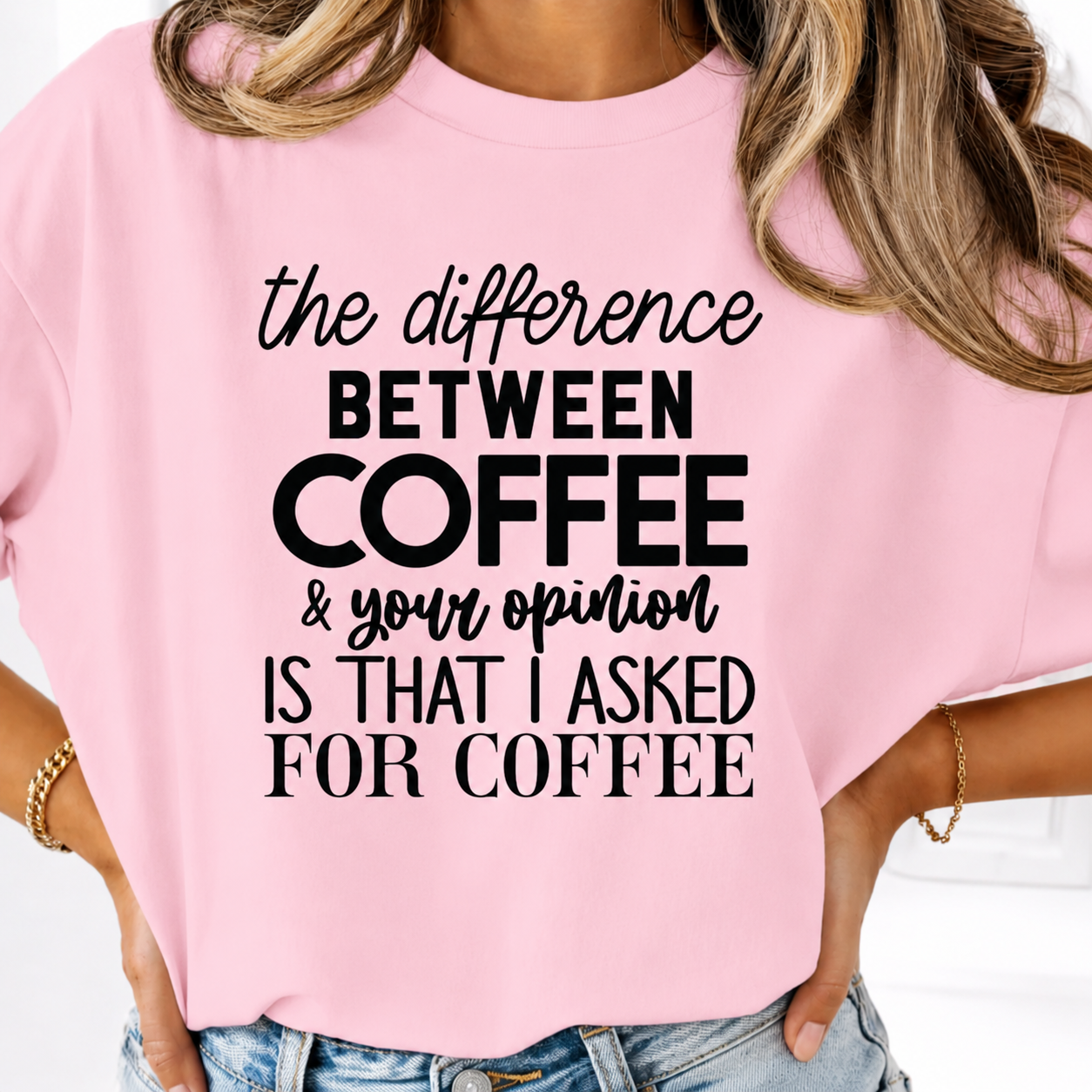 Blossom colored graphic t-shirt with a funny coffee graphic and text 