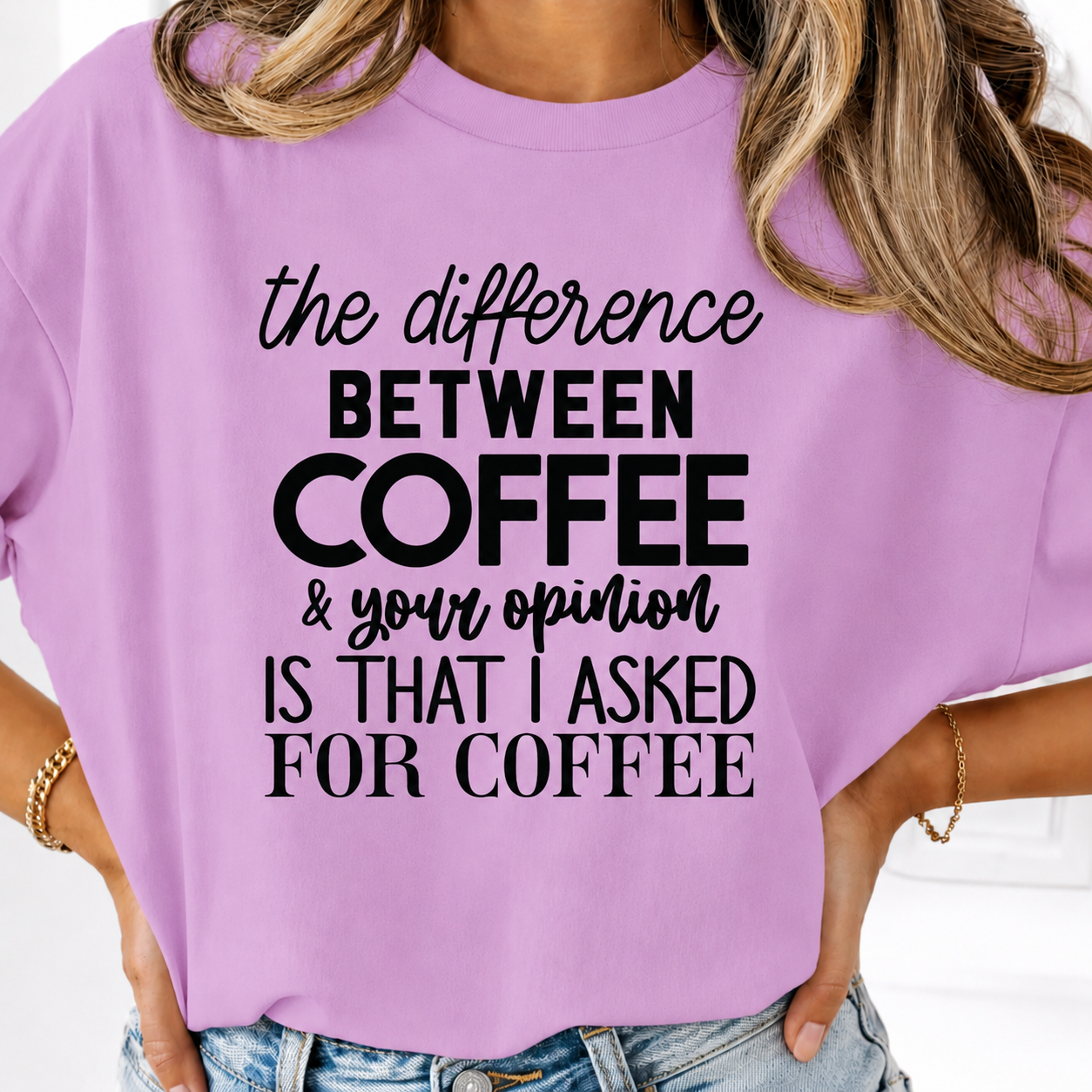 Orchid colored graphic t-shirt with a funny coffee graphic and text 
