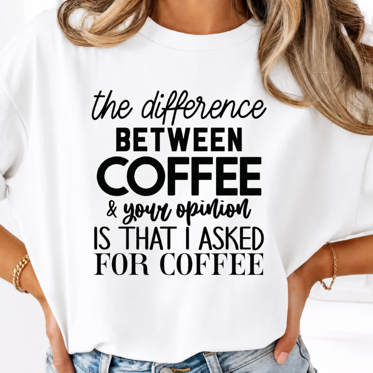 White colored graphic t-shirt with a funny coffee graphic and text 