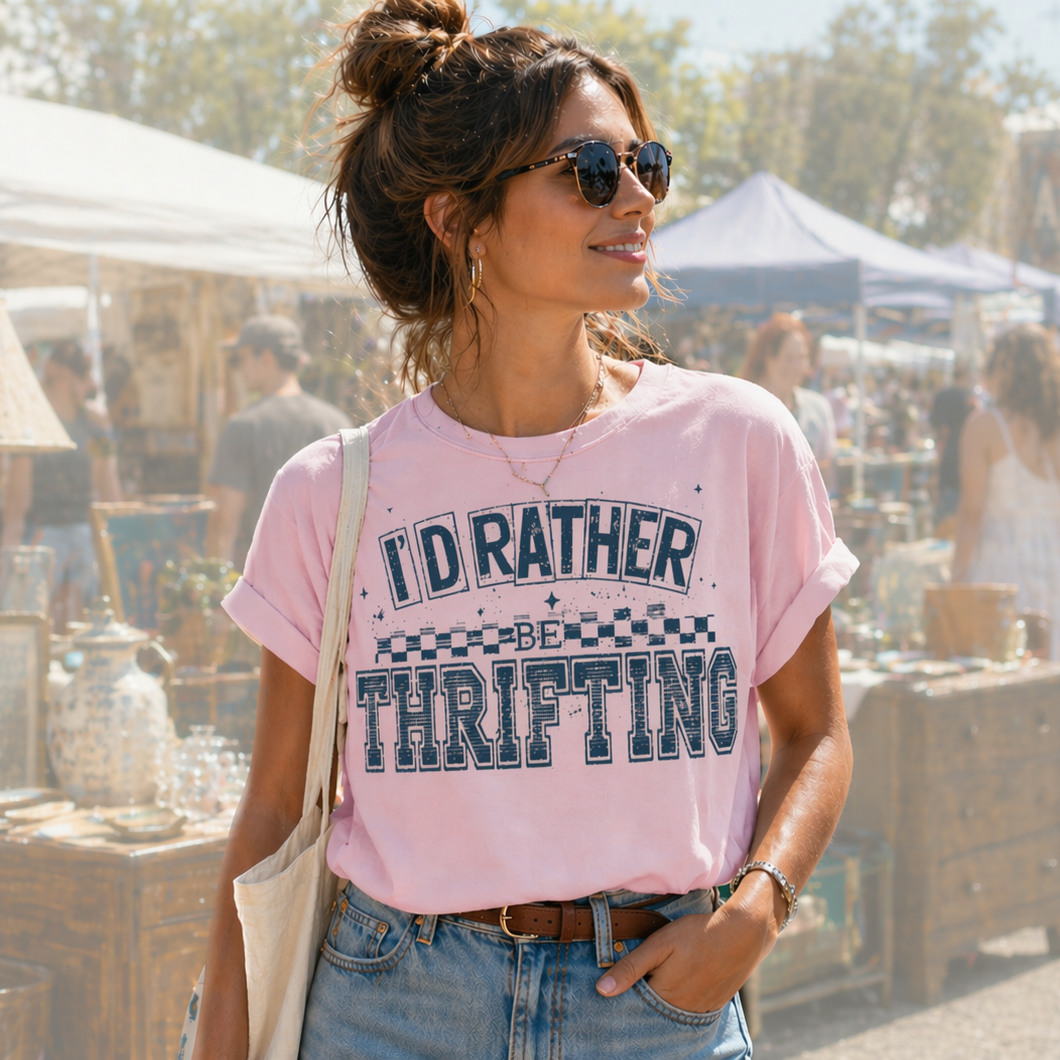 Woman wearing a pink t-shirt with 'I D Rather Be Thrifting' text at an outdoor market.