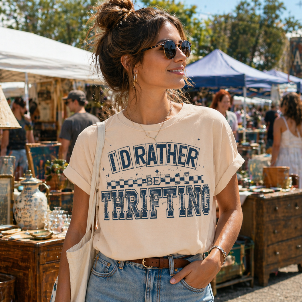 Woman wearing a 'I'd Rather Be Thrifting' shirt at an outdoor market.