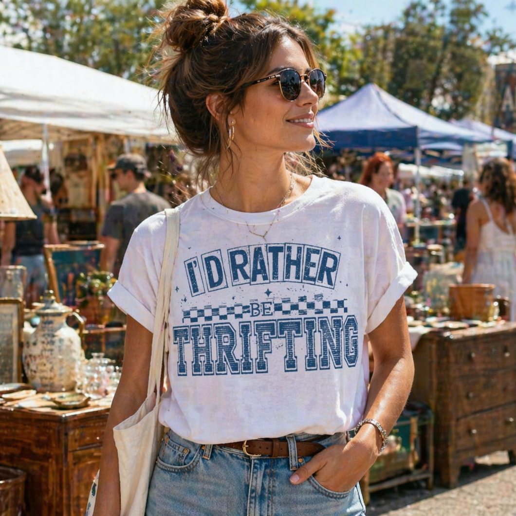 Woman wearing a 'I'd Rather Be Thrifting' shirt at an outdoor market.