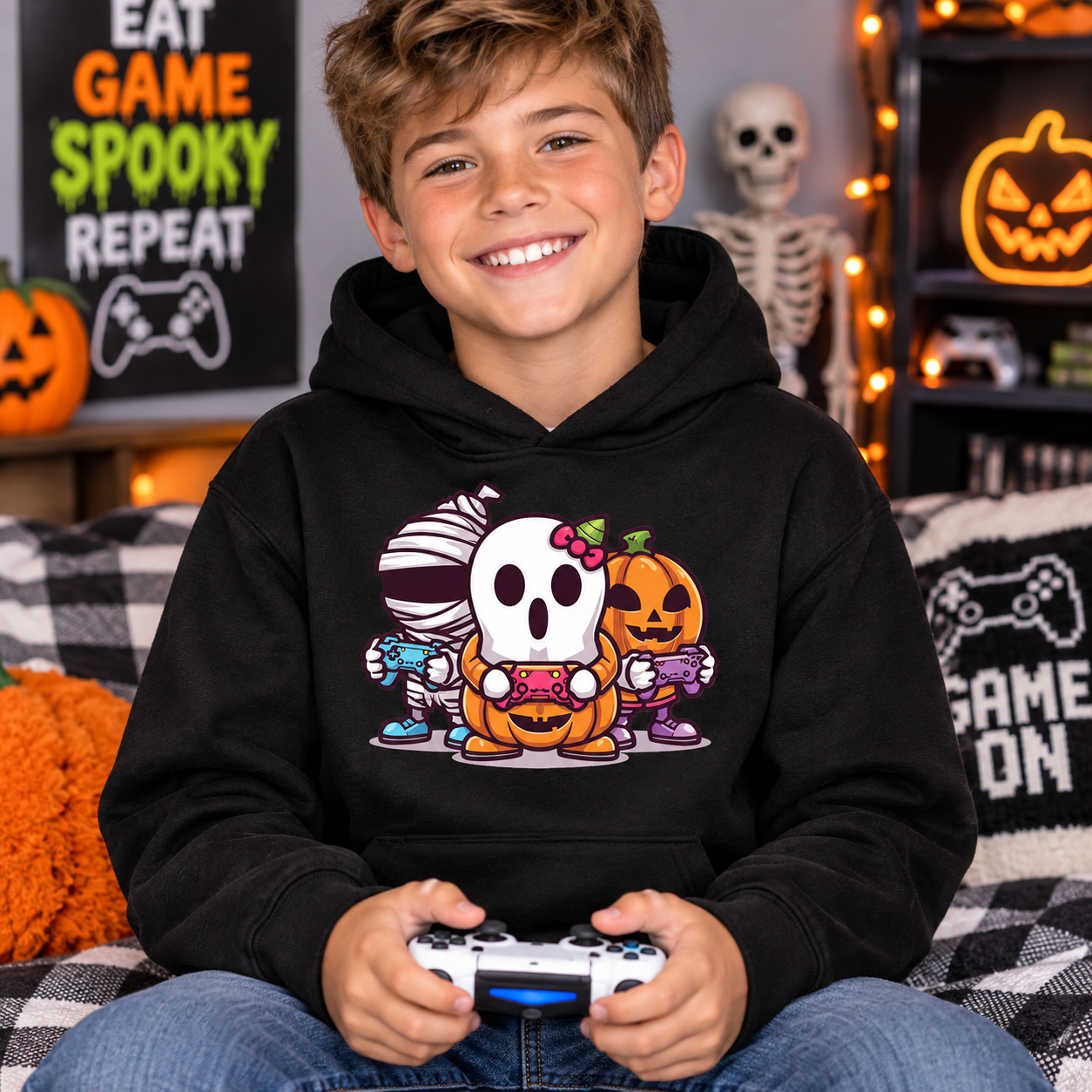 A smiling young boy wearing a black hoodie with a colorful cartoon graphic of a ghost, mummy, and pumpkin holding a game controller. He is sitting on a couch in a cozy, decorated room with Halloween and gaming themed decor.