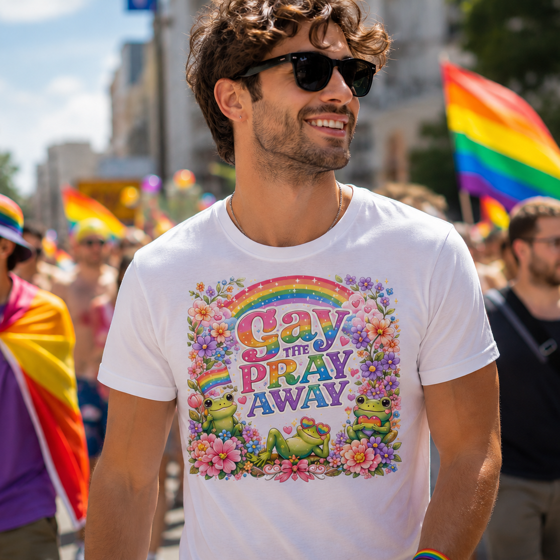 Man wearing a white Gay The Pray Away pride graphic t-shirt with rainbow frogs and flowers at a Pride parade.