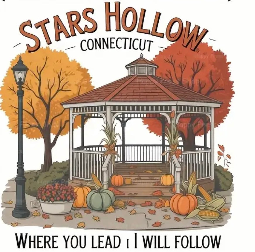 Gilmore Girls Stars Hollow “Where You Lead I Will Follow” graphic t-shirt inspired by the show, perfect for fans and cozy fall outfits.