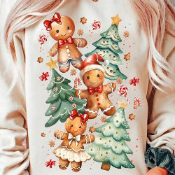 Festive holiday sweatshirt with gingerbread cookie and Christmas tree design, cozy and cute for holiday baking and decorating.