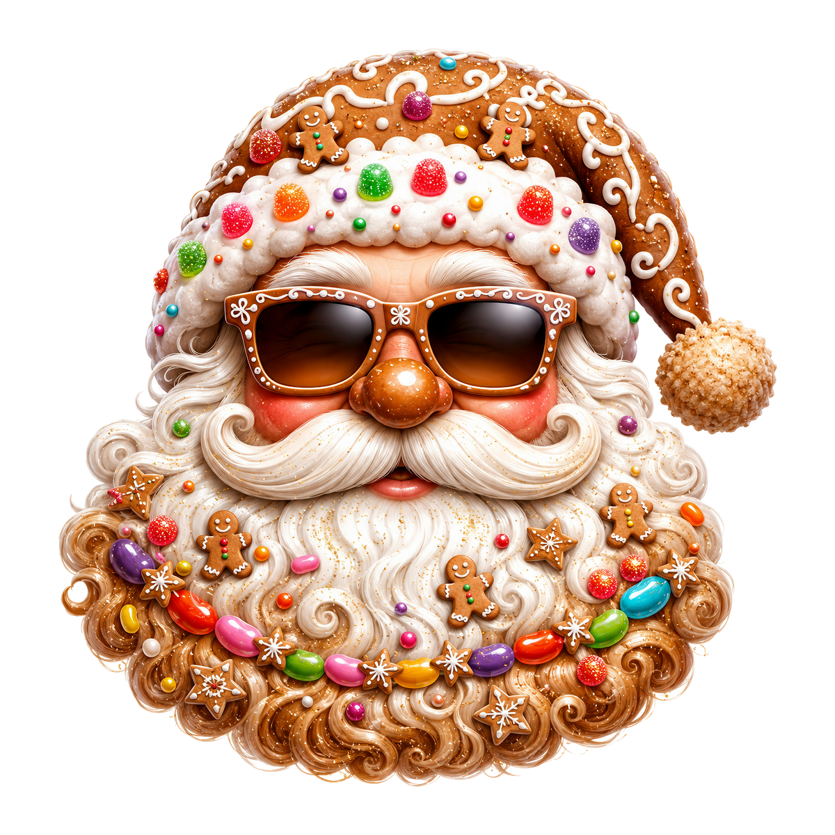 A whimsical, highly detailed illustration of a Santa Claus face and beard decorated with gingerbread cookies, colorful candies, sprinkles, and sunglasses, isolated on a solid white background.