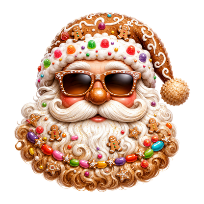 A whimsical, highly detailed illustration of a Santa Claus face and beard decorated with gingerbread cookies, colorful candies, sprinkles, and sunglasses, isolated on a solid white background.