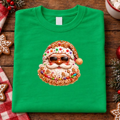 A folded irish green crewneck t-shirt with a festive Christmas graphic of a Santa Claus face made of iced cookies, candy canes, and sprinkles, styled on a rustic wooden table with holiday decorations.