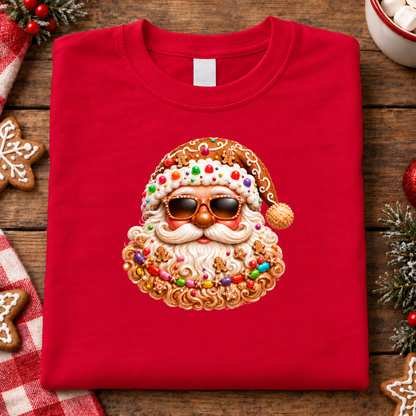 A folded red crewneck sweatshirt on a rustic wooden surface, featuring a large graphic of a Santa Claus face made from gingerbread cookies, candy canes, and sprinkles, wearing sunglasses. Christmas-themed props like cookies, pine branches, and marshmallows are arranged around the sweatshirt.