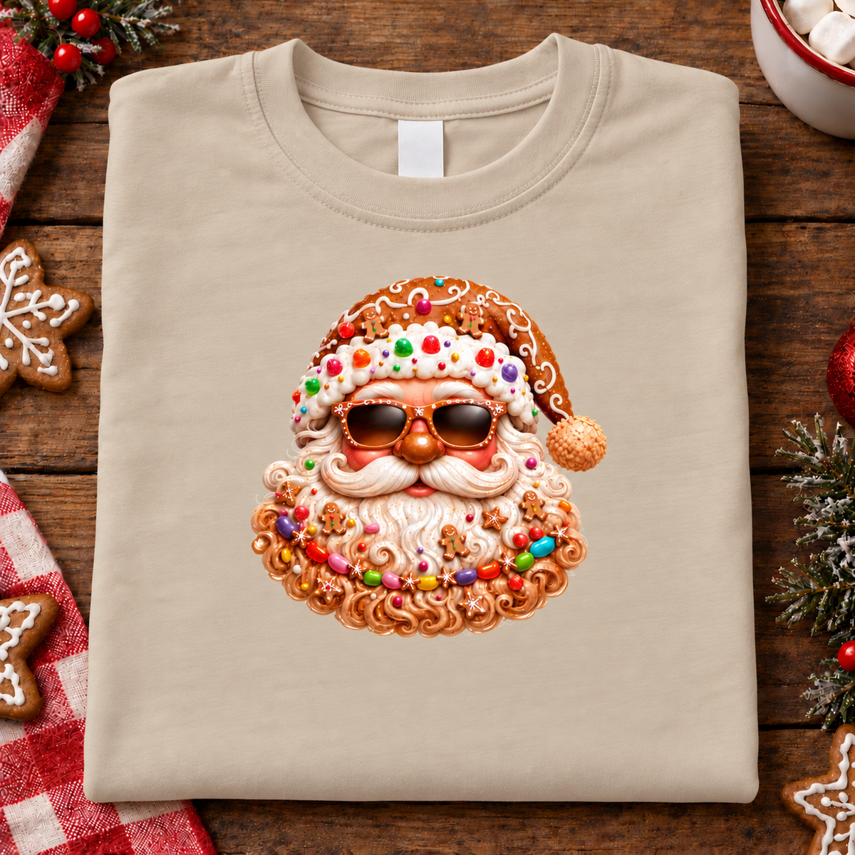 A folded sand crewneck t-shirt with a colorful graphic of a Santa Claus face made of iced cookies, candy canes, and sprinkles, styled on a rustic wooden table with holiday decorations.