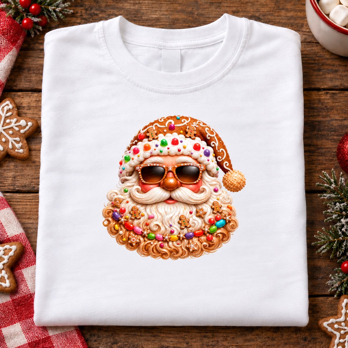A folded white crewneck t-shirt with a colorful graphic of a Santa Claus face decorated with gingerbread cookies, candy, and sunglasses, displayed on a rustic wooden table with holiday cookies and decorations.
