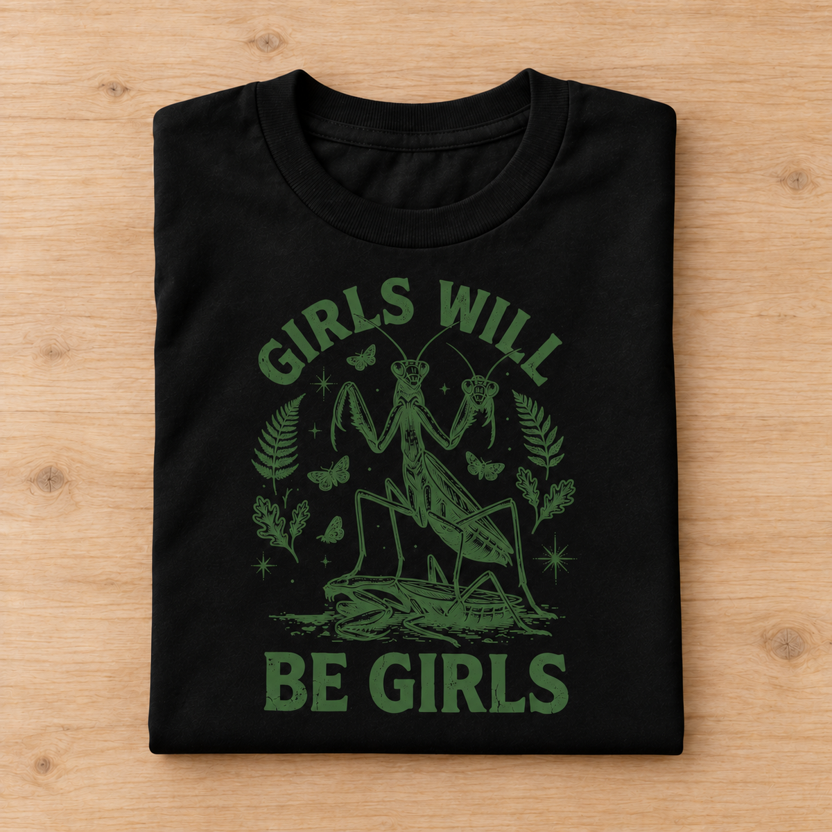 A folded black t-shirt with a green graphic print of a praying mantis and the text 'GIRLS WILL BE GIRLS' is displayed flat on a light wood background.
