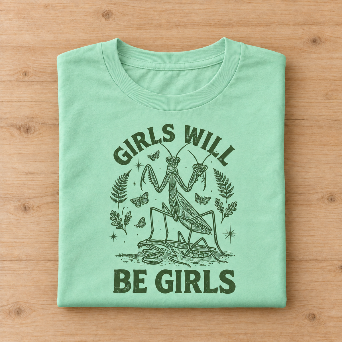 A folded mint green t-shirt with a dark green graphic of a praying mantis and the text 'GIRLS WILL BE GIRLS', displayed flat on a light wood background.