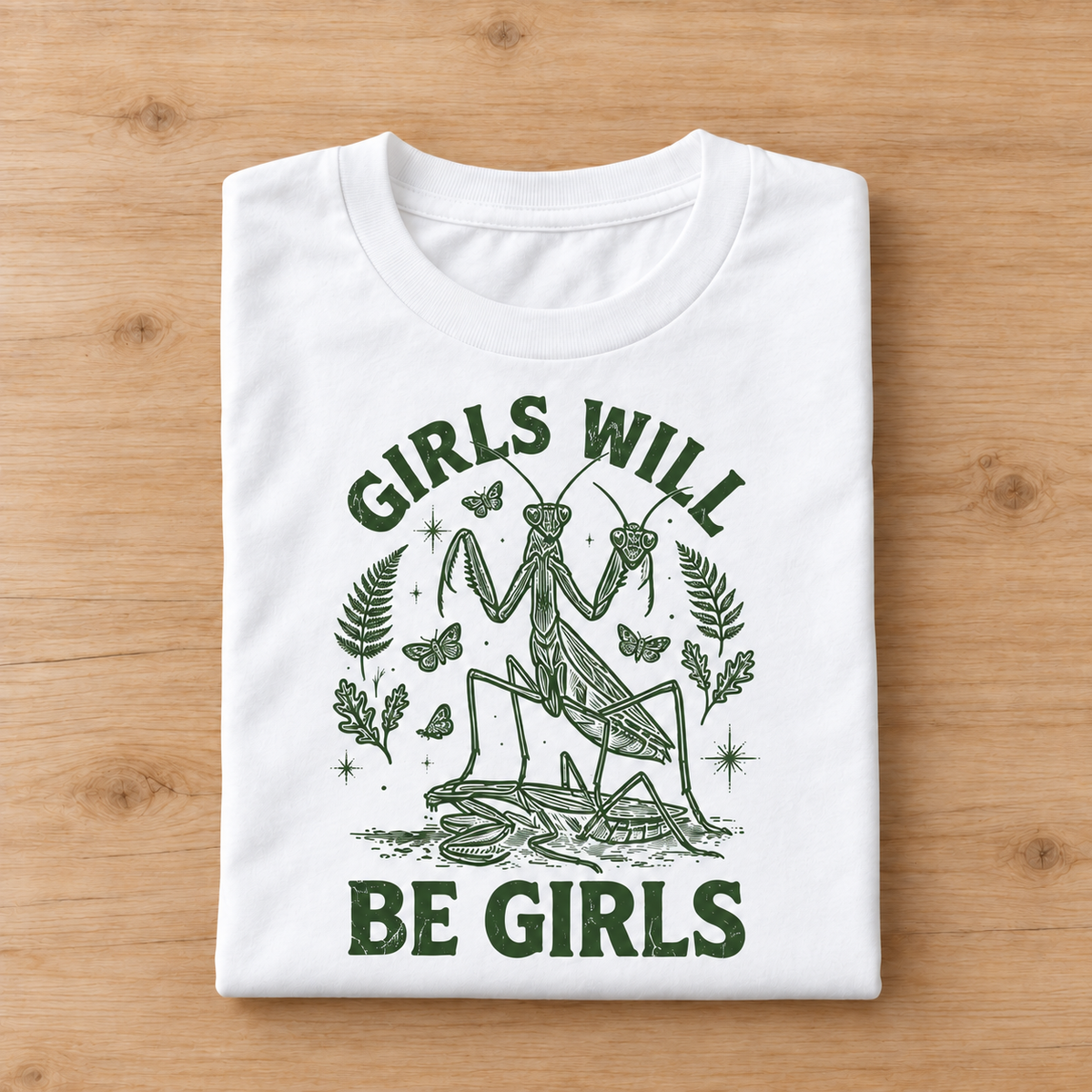 A folded white short-sleeve T-shirt with a dark green graphic print of a praying mantis, butterflies, ferns, and the text 'GIRLS WILL BE GIRLS', displayed flat on a light wood background.