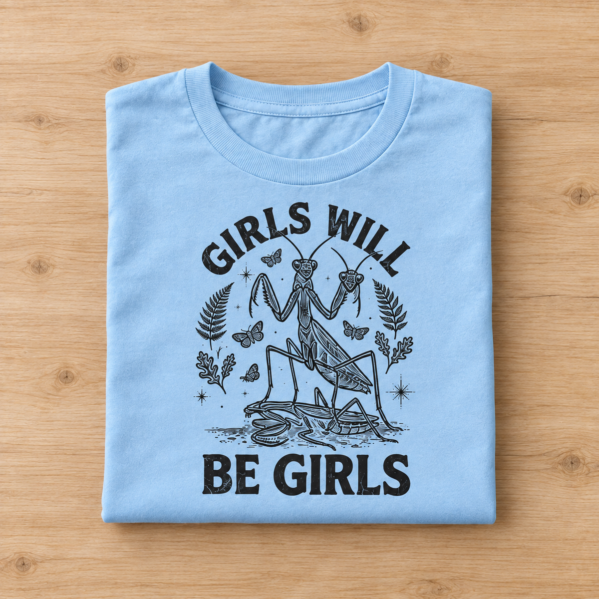 A folded light blue t-shirt with a black graphic print of a praying mantis and the text 'GIRLS WILL BE GIRLS', displayed flat on a light wood background.