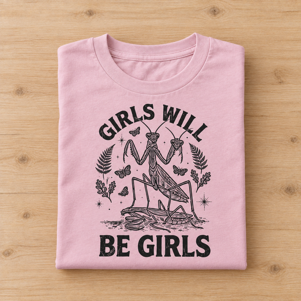 A folded light pink t-shirt with a black graphic print of a praying mantis and the text 'GIRLS WILL BE GIRLS', displayed flat on a light wood background.