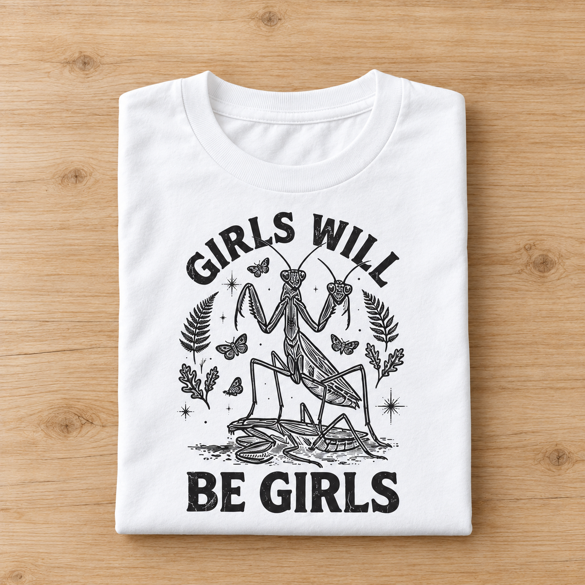 A folded white short-sleeve T-shirt with a black graphic print of a praying mantis, butterflies, leaves, and the text 'GIRLS WILL BE GIRLS', displayed flat on a light wood background.