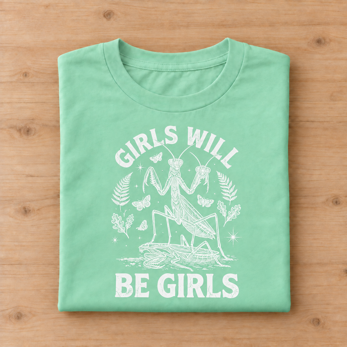 A folded mint green t-shirt with a white graphic print of a praying mantis and the text 'GIRLS WILL BE GIRLS', displayed flat on a light brown wooden background.
