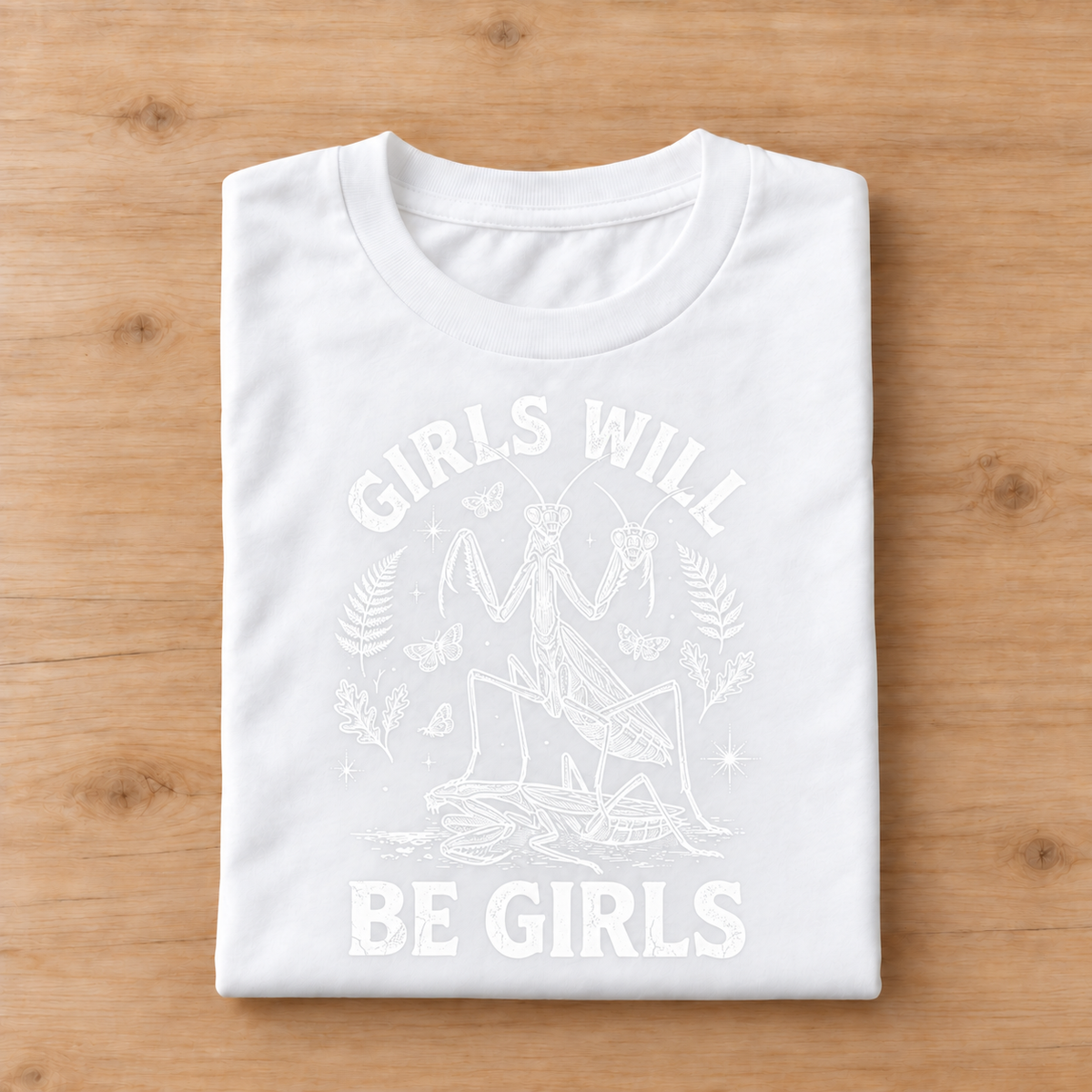 A folded white short-sleeve t-shirt with a white line art graphic and the text 'GIRLS WILL BE GIRLS' on a light brown wooden background.