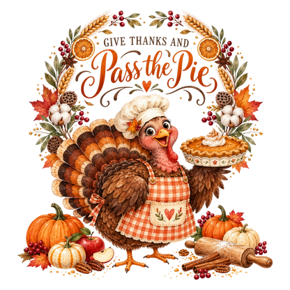 A festive Thanksgiving illustration featuring a cartoon turkey in a white chef's hat and orange-and-white gingham apron, holding a pie. The scene is decorated with autumn leaves, pumpkins, apples, cinnamon sticks, a rolling pin, and the text 'GIVE THANKS AND Pass the Pie' in an ornate script.