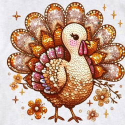 White Thanksgiving sweatshirt with a sparkling glitter turkey design, styled for a festive fall outfit.
