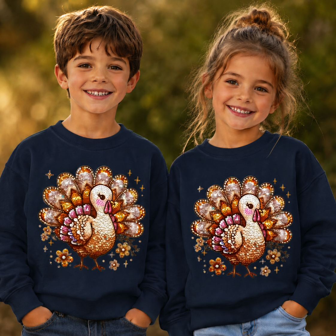 Youth wearing Navy colored sweatshirts with a bling turkey graphic