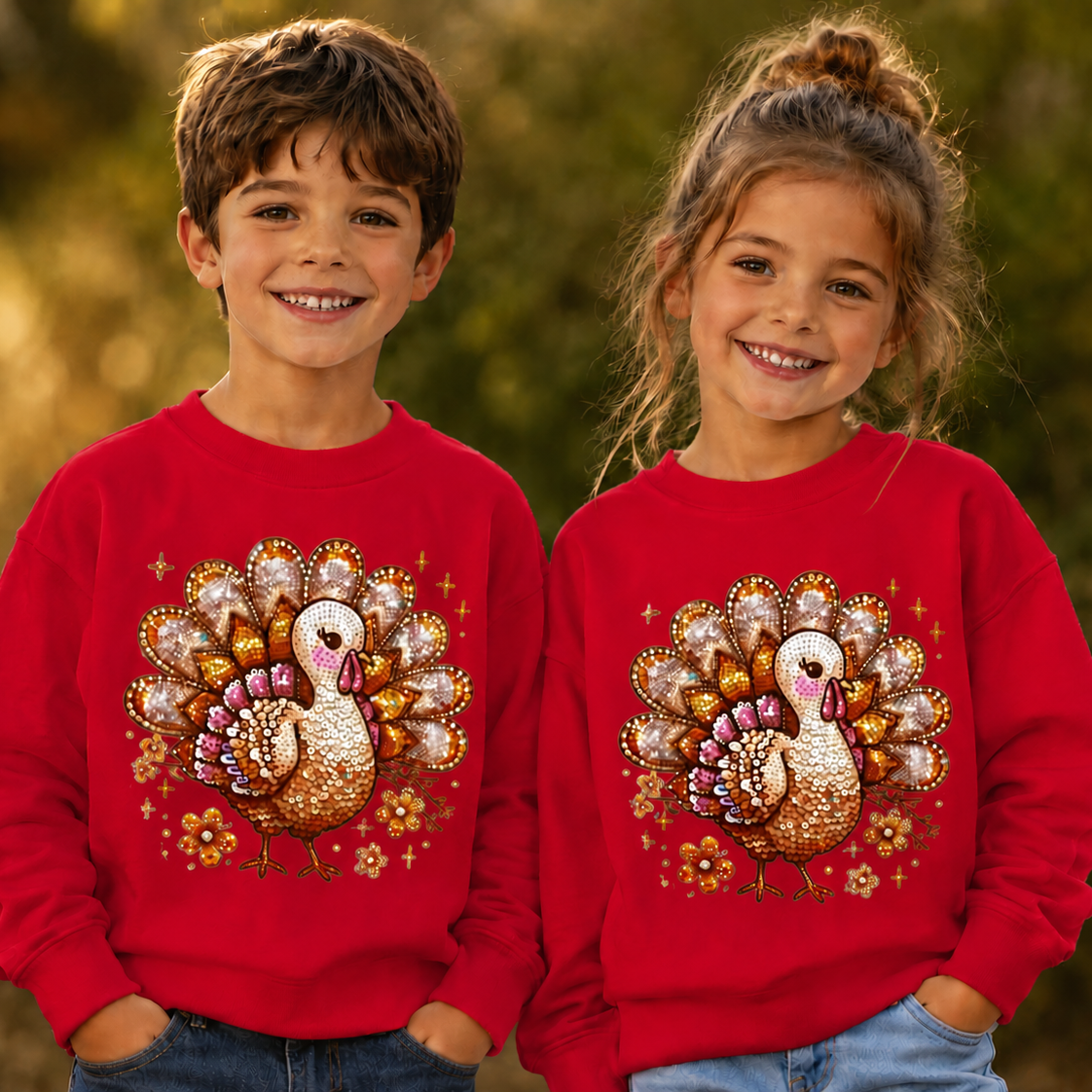 Youth wearing red sweatshirts with a bling turkey graphic
