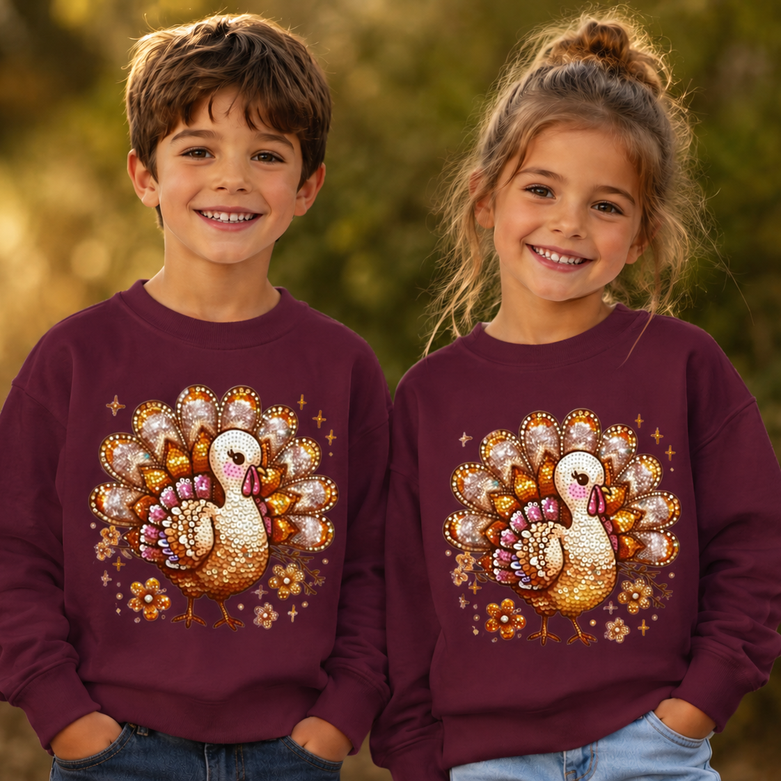 Youth wearing a maroon sweatshirt with a bling turkey graphic