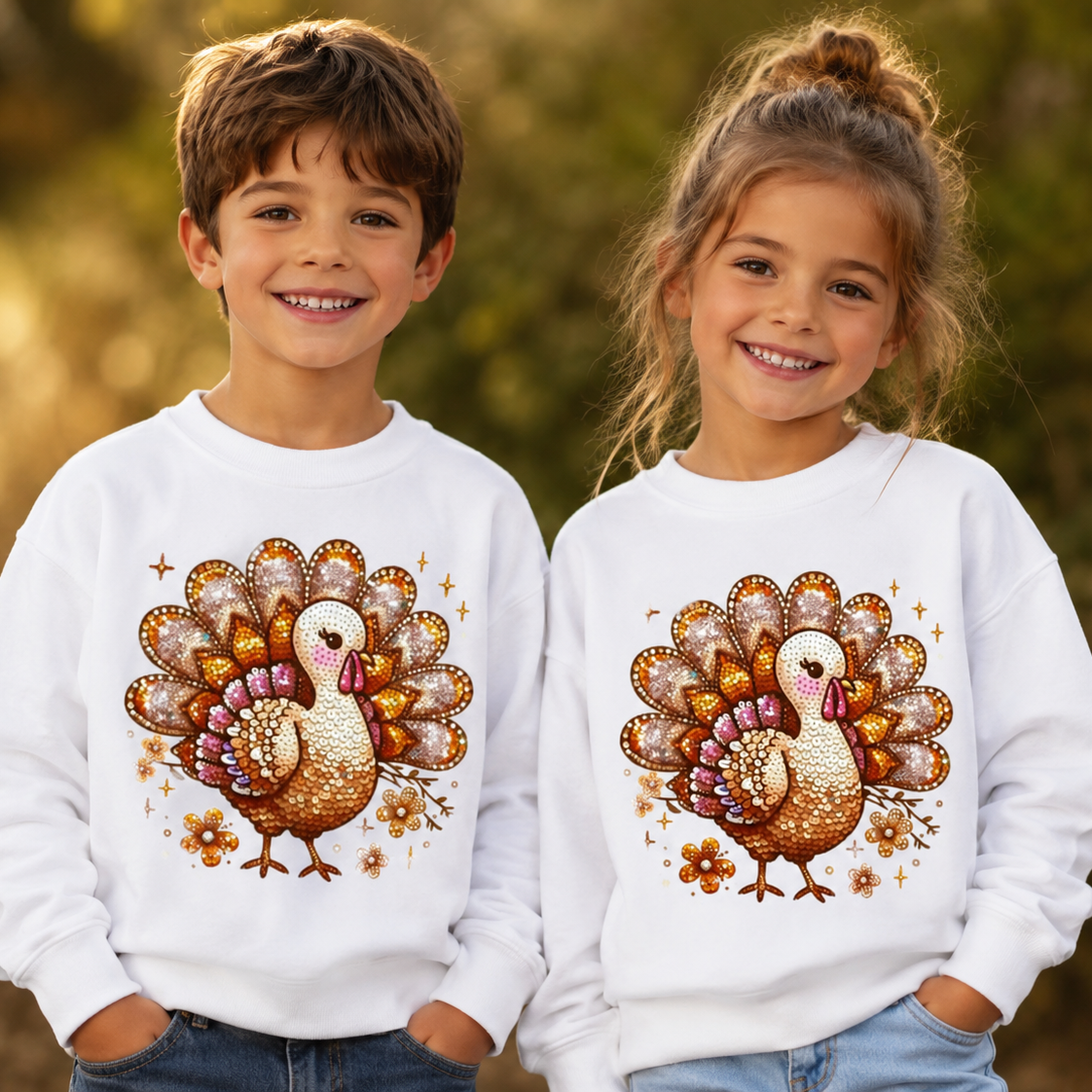 Two children wearing white sweatshirts with bling turkey graphics.