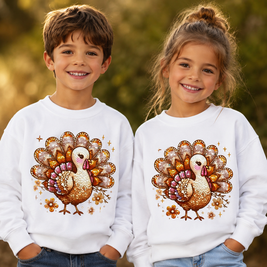 Two children wearing white sweatshirts with bling turkey graphics.