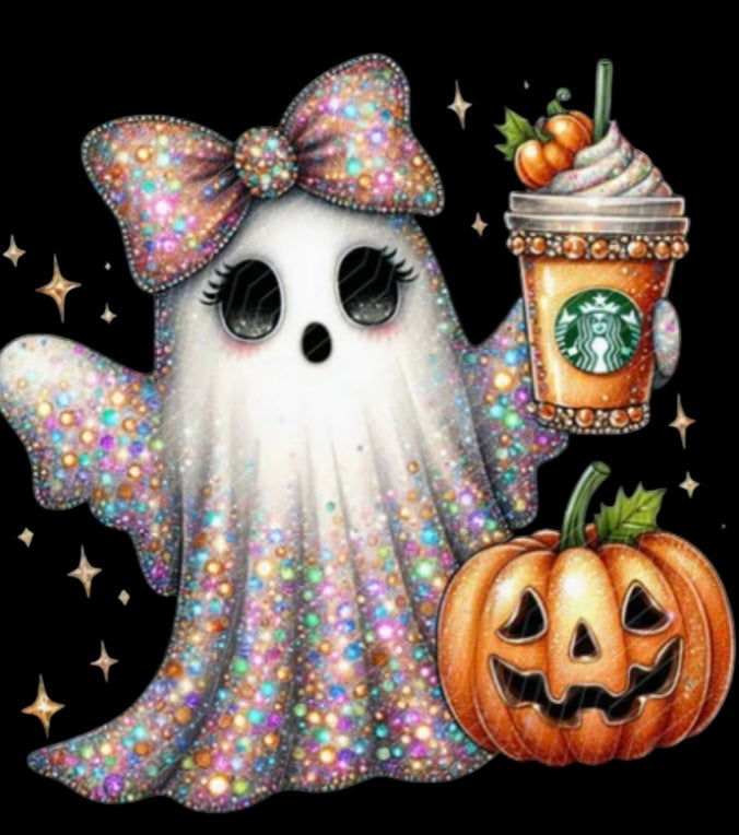 Ghost character with a Starbucks cup and pumpkin 
